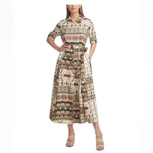 Calvin Klein Cream Printed Belted Shirt Dress